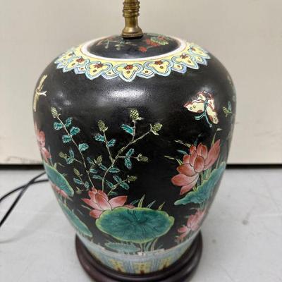 Black Ceramic Table Lamp | Black lacquered ceramic base table lamp with floral details

