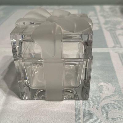 Tiffany & Co. Crystal Trinket Box | Tiffany & Co. crystal glass trinket box in the shape of a present/gift tied with a frosted...