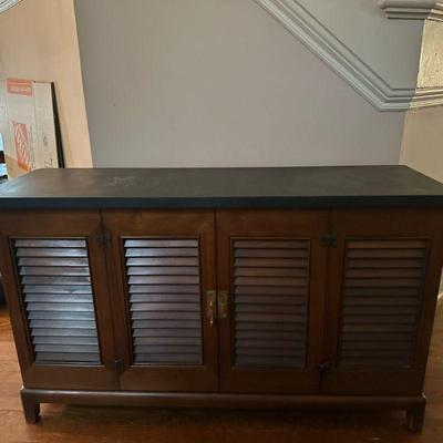 Mid-Century Slate Top Cabinet | Mid-century modern slate top cabinet with four cabinet doors - h. 26 x w. 44 x d. 14 in

