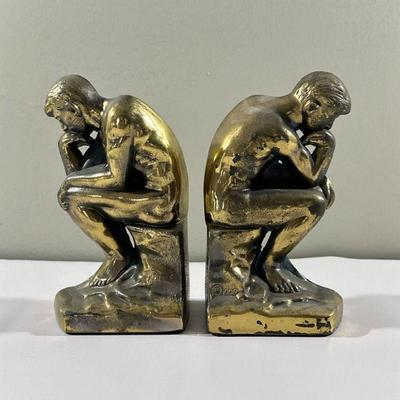 (2pc) Thinking Man Bookends | Light weight brass. - h. 7 x w. 4 in

