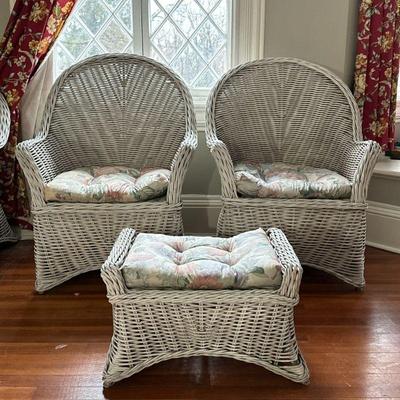 (3pc) White Wicker Chairs & Ottoman | Pair of white painted wicker armchairs with seat cushions and a wicker ottoman with cushion. -...