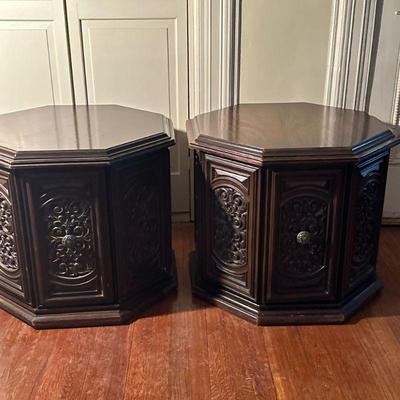 (2pc) Mid-Century Octagon Side Tables | Pair of mid-century modern octagon-shaped top side tables with center cabinet storage. - h. 23 x...
