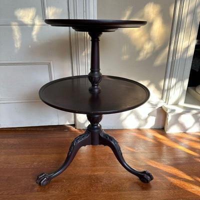 Mahogany Two-Tier Table | Vintage Imperial Grand Rapids two-tier table on carved tripod base, marked "Genuine Mahogany" on the...