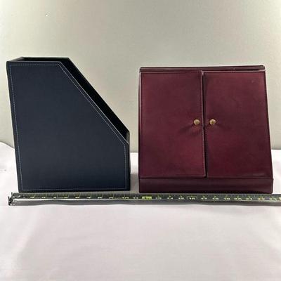 (2pc) Leather Office Supplies | Executive desk organizers/paper filing systems in leather finish. - h. 11 x w. 12 in

