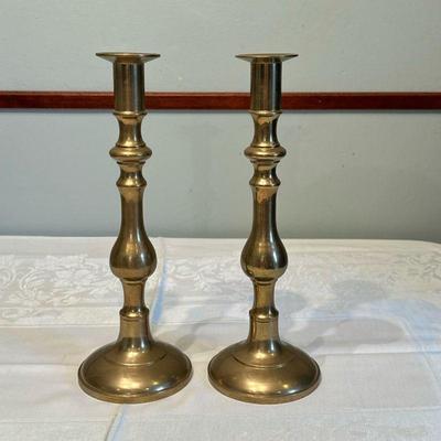 (2pc) Brass Candlestick Holders | Tall brass candlestick holders for taper candles. - h. 12 in

