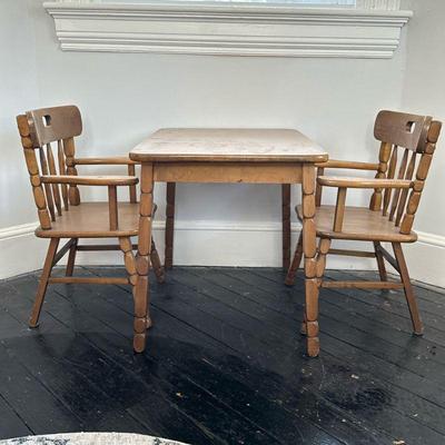 (3pc) Children’s Table & Chairs | Vintage Colonial Revival style farmhouse kitchen table and chairs for children - h. 21.5 x w. 19.5...