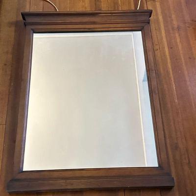 Mid-Century Framed Wall Mirror | Rectangular wood framed wall mirror with rope fastened to back for hanging. - h. 32 x w. 23 x d. 2.5 in

