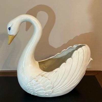 Ceramic Swan-Shaped Planter | Vintage (1980's) hand-painted ceramic swan-shaped planter - h. 16 x w. 17 x d. 9 in


