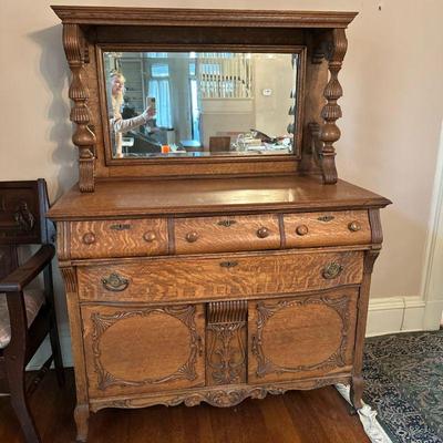 Buffet Sideboard Server | Late 19th-century mirrored (likely oak) buffet sideboard server featuring intricately carved motifs. - h. 64.5...