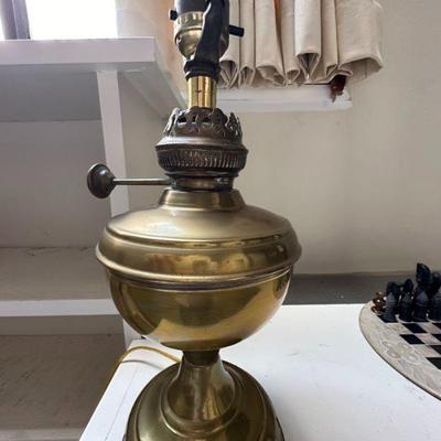 Brass Kerosene Oil Table Lamp | Vintage brass base kerosene oil lamp, turned Electric. - h. 5.5 x l. 21 in

