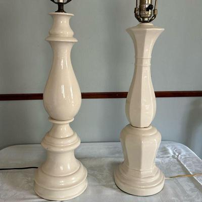 (2pc) Porcelain Pillar Table Lamps | Pair of vintage porcelain pillar table lamps in varying styles. - h. 31.5 in

