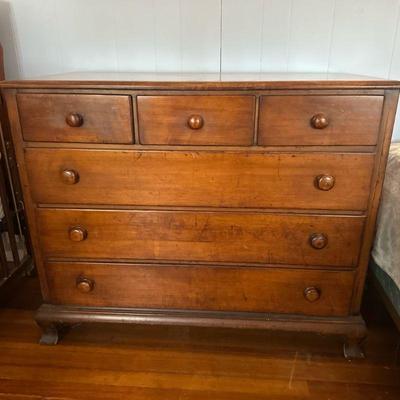 Wide Dresser with Six Drawers | Vintage wide wooden dresser with six drawers, three large and three small. - h. 34 x w. 42 x d. 20 in

