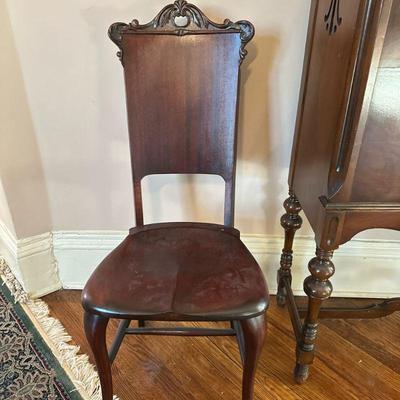 High-Back Carved Chair | Antique oak hall chair/side chair with cut-out back and carved details. - h. 39 x w. 16 x d. 19.5 in

