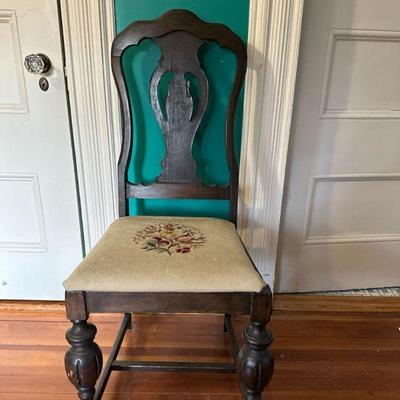 Dining Chair with Needlepoint Cushion | Antique Queen Anne style dining chair with floral needlepoint seat cushion. Seat height:...