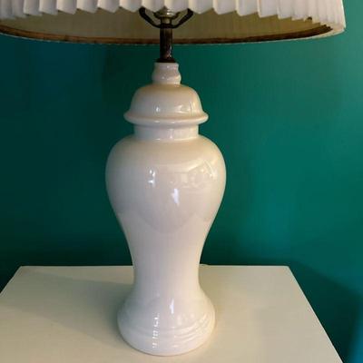 White Porcelain Table Lamp | White ceramic porcelain base lamp with pleated lampshade. - h. 31 in

