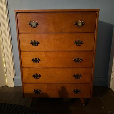 Pinewood Chest of Drawers | Mid-century modern pinewood chest of drawers with five drawers and original hardware. - h. 42.5 x w. 31 x d....