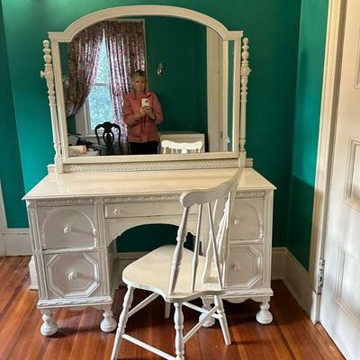 (2pc) White Vanity/Dressing Table & Chair | White painted, carved wood, mirrored vanity/dressing table with five drawers and chair. -...