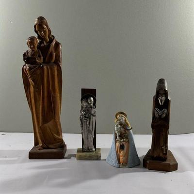 (4pc) Figurines - Religious Figures | Assortment of hand-carved wood religious figurines including Madonna and child, and others.

