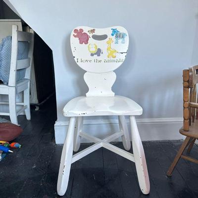 Children's High Chair | Vintage hand-painted wooden high chair for children featuring zoo animal motifs. - h. 33 x w. 14.5 x d. 16 in

