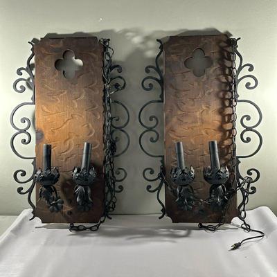 (2pc) Medieval Wall Sconces | Pair of vintage Medieval Revival style metal and wood sconces. - h. 31.5 x w. 19.5 in

