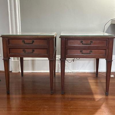 (2pc) Heritage Side Tables | Pair of Heritage rectangular top side tables with glass tops (both have a visible chip) -h. 23 x w. 20 x d....