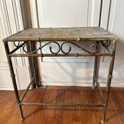 Bamboo-Inspired Side Table | Metal side table featuring a bamboo-inspired frame and tabletop. - h. 20 x w. 19 x d. 13 in

