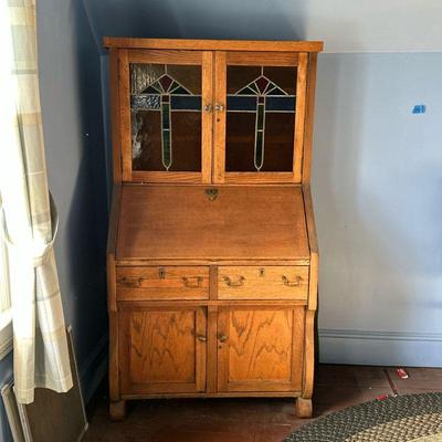 Hutch/Cabinet/Desk with Stained Glass | Hand-crafted (by a family member of the estate) hutch/cabinet/desk with stained glass cabinet...