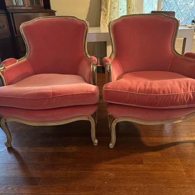 (2pc) Pink Velvet Armchairs | Pair of bergere club armchairs with pink velvet upholstery. Set height: 19"H - h. 35 x w. 29 x d. 25 in

