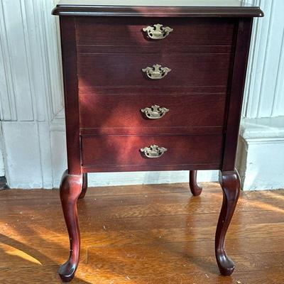 Four-Drawer Jewelry Table | Vintage Queen Anne style cherry colored jewelry table with four drawers and lift-top storage. - h. 21.5 x w....
