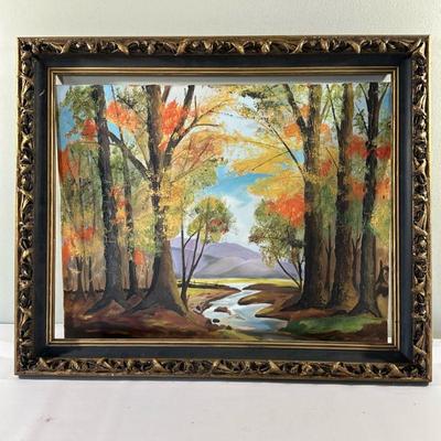 Painting - Landscape "Fall Foliage" | Framed landscape painting featuring trees in the woods lush with fall foliage. Not signed...