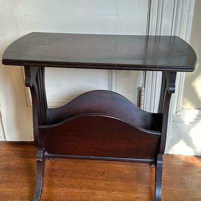 End Table/Magazine Rack | Vintage English Regency style end/side table with lyre harp details. - h. 23 x w. 24 x d. 13 in

