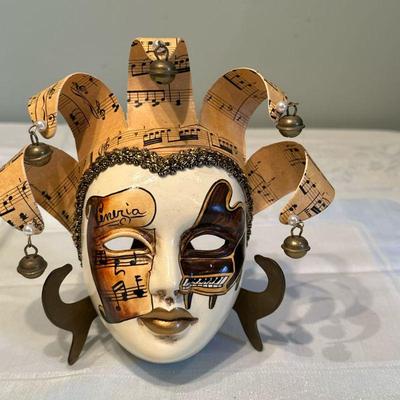Italian Jester/Musician Mask | Venetian hand-painted ceramic masquerade mask featuring sheet music, dangling bells and a painted piano. -...