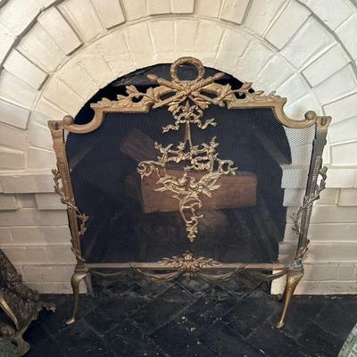 Louis XVI Style Fireplace Screen | Antique Louis XVI style brass or bronze fireplace screen featuring delicate bird motifs. - h. 31 x w....