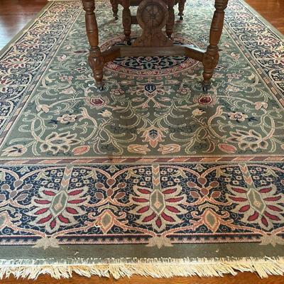 Belgian-Made Area Rug - 2 of 2 | Belgian-made area rug featuring green, blue and red swirling motifs. - w. 137 x l. 96 in (fringe to...