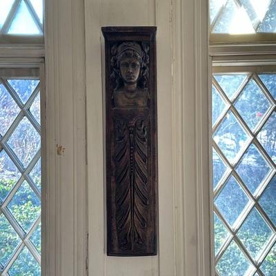 Carved Corbel | Carved wooden corbel/wall bracket featuring a woman's face and intricate carvings. - h. 25 x w. 6 x d. 5 in

