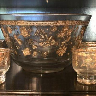 Tw185v vintage glass gold toned punch bowl and cups