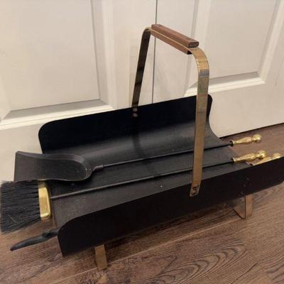 Mid-Century Brass & Metal Fireplace Kindling Basket & Fireplace Tools	