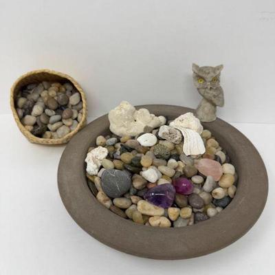 Italian Carved Stone Owl Figurine & Decorative Rock Garden Set	