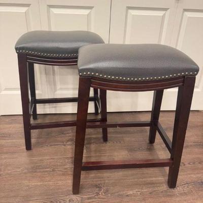 Pair of Pier 1 Grey Faux Leather Saddle Bar Stool w/ Nailhead Trim #2	