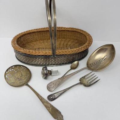 Sterling Silver Flatware, 800 Silver Spoon & Woven Basket Set +	