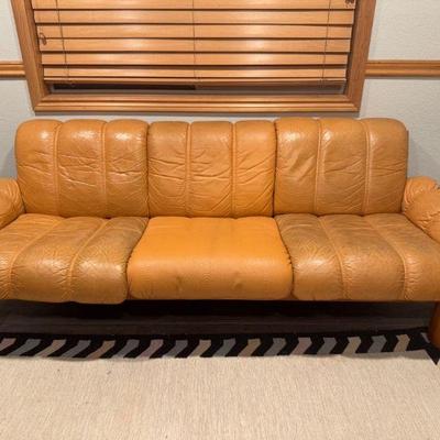 Mid-Century Modern Style Teak & Orange Upholstered Sofa	