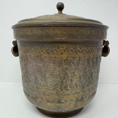 Antique Metal Lidded Vessel – Hand-Etched Ornate Design w/ Handles	