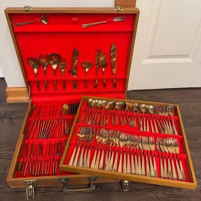 Massive 144-Piece Vintage Thai Brass Flatware Set – MCM Design w/ Case	