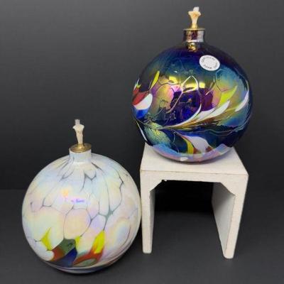 Pair of Polish Hand-Blown Glass Oil Lamps – Vibrant Iridescent Design	