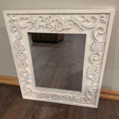 Hand-Carved Wall Mirror – Ornate White Frame w/ Ocean Motifs	