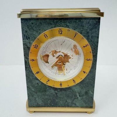 Green Stone Mantle Desk Clock – Block Design, Gold-Tone Metal Accents	