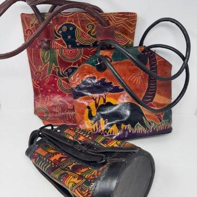 3 African Leather Bags – Vibrant Tribal Art Design & Wildlife Motifs	