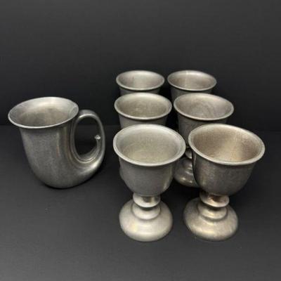 Pewter Horn-Shaped Ale Mug & Set of 6 Short Goblets – USA Marked	