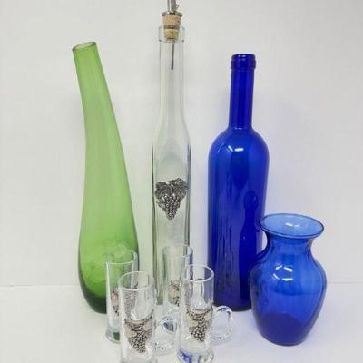 Blue/Green Decorative Vases, Clear Glass Oil Bottle, & 4 Shot Glasses	