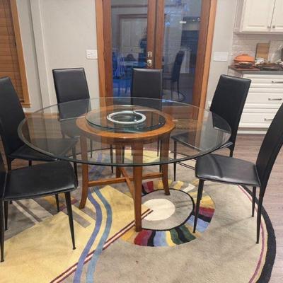 MCM-Style Rotating Glass Dining Table & 6 Leather High-Back Chairs	